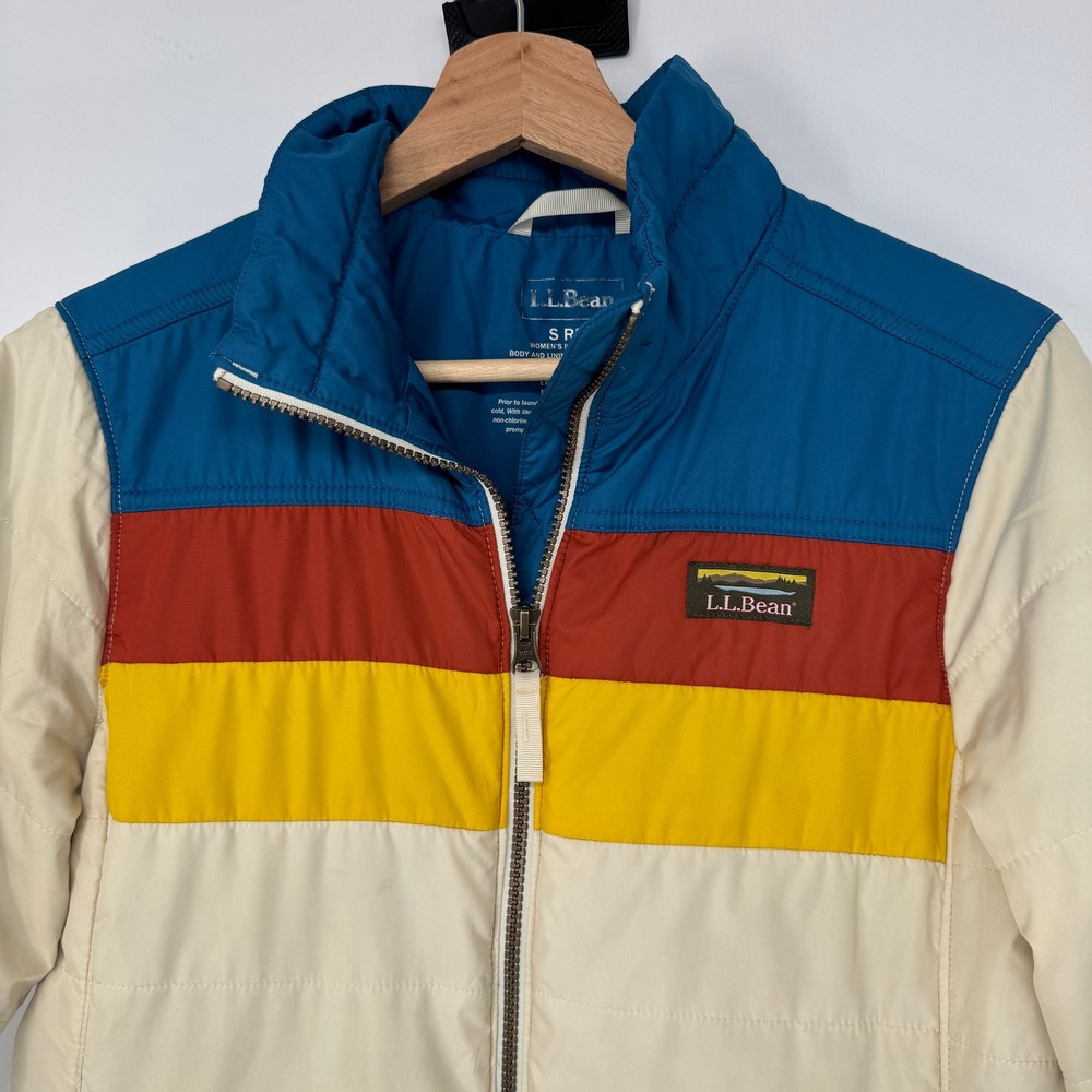 LL Bean Puffer Jacket Women S Colorblock Quilted Full Zip Retro Gorpcore Tan - Picture 2 of 14